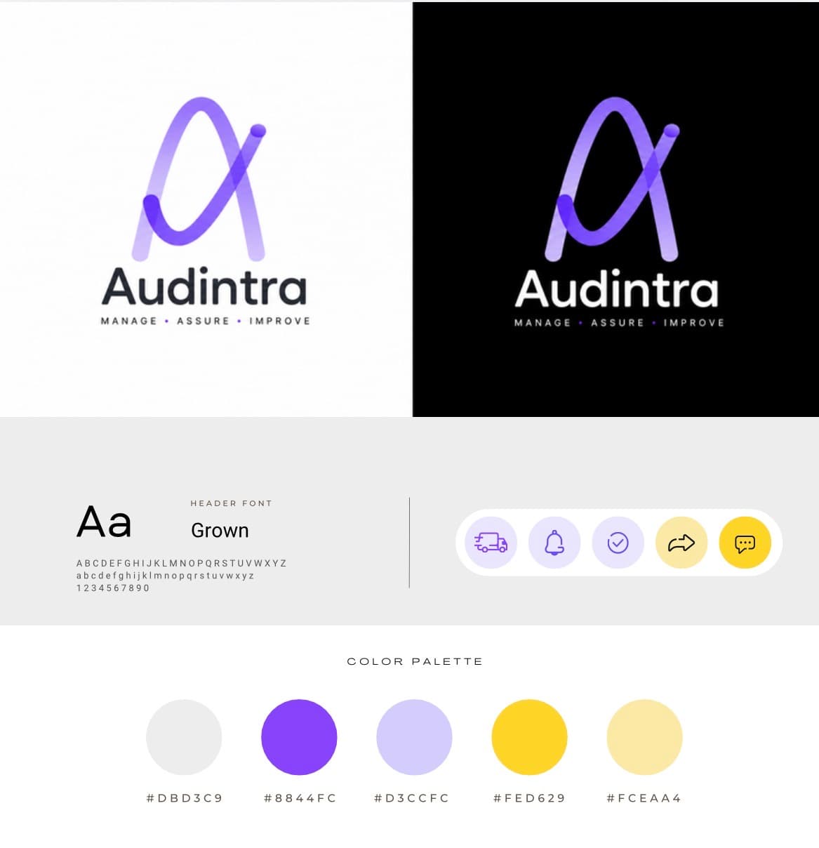 Full Audintra identity board, logo variations and colour palette