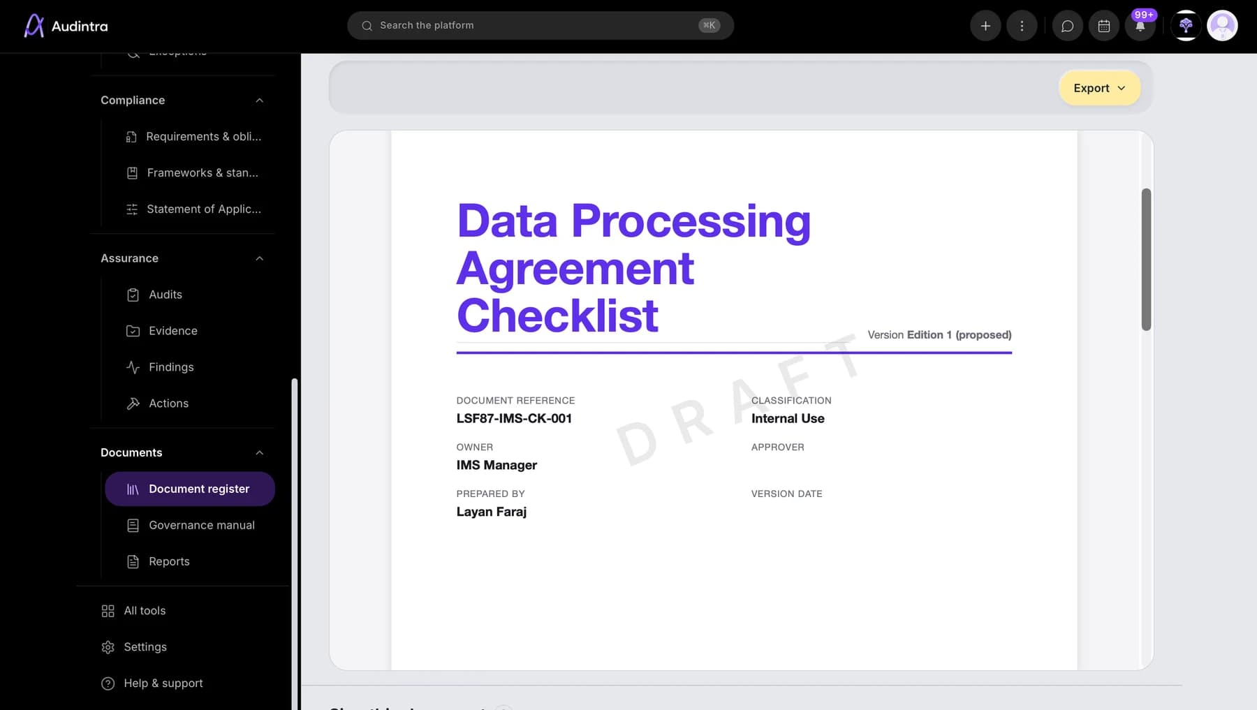 Audintra document register and checklist preview