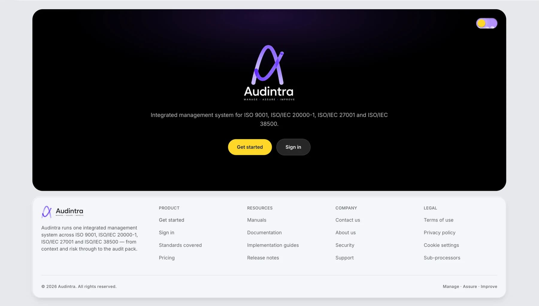 Audintra integrated management system landing page