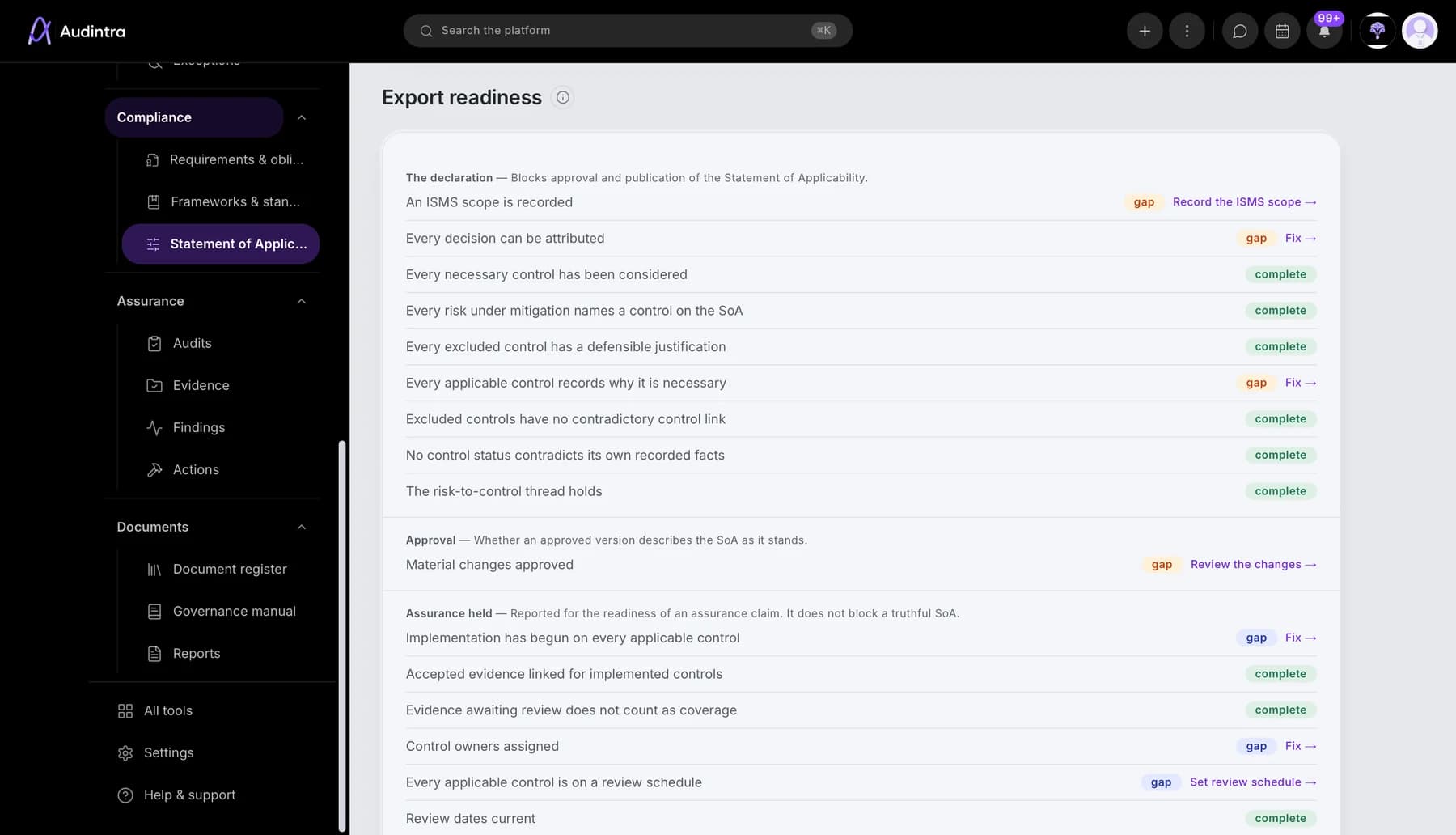 Audintra Statement of Applicability export readiness