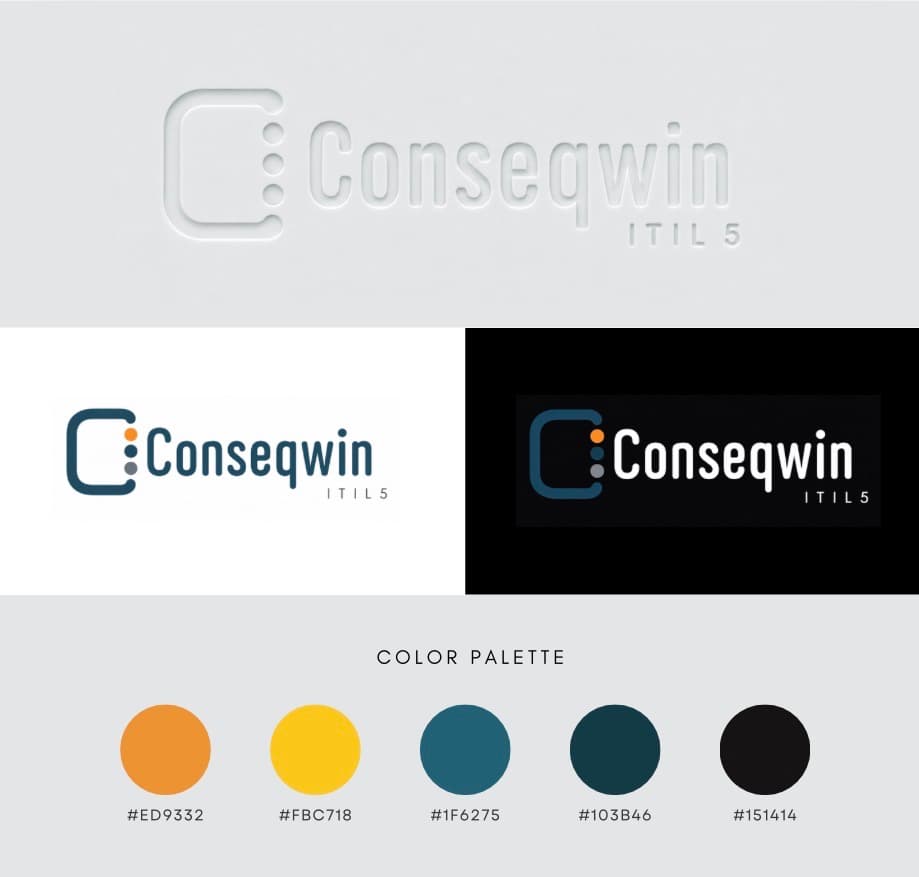 Conseqwin identity board with logo variations and orange, yellow and teal palette