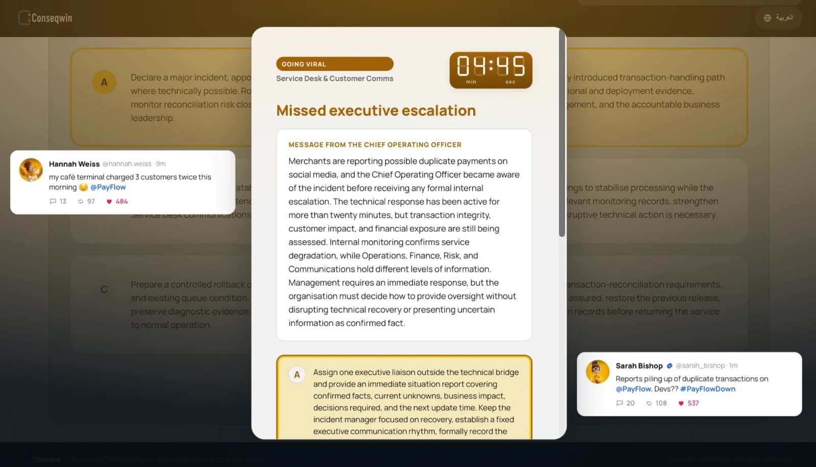 A Conseqwin scenario card where a missed executive escalation goes viral