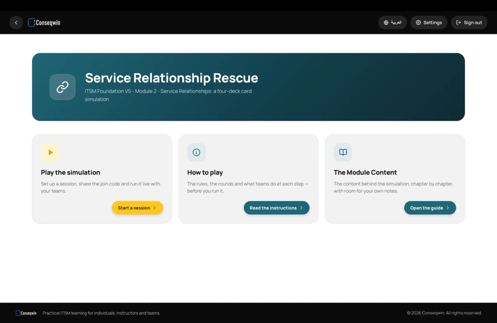 Conseqwin simulation home with start, instructions and module content