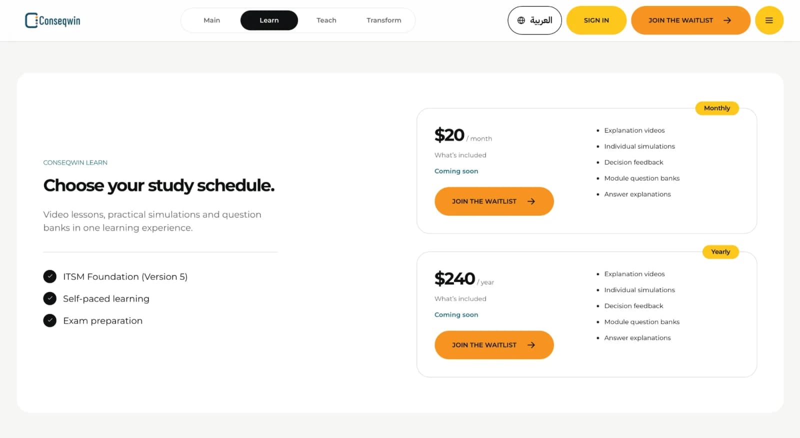 Conseqwin Learn plans with monthly and yearly study schedules