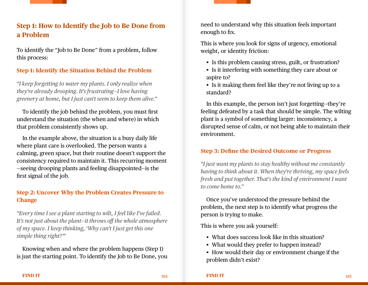 Inside page of "Find It" by Layan Faraj explaining how to identify the job to be done from a problem.