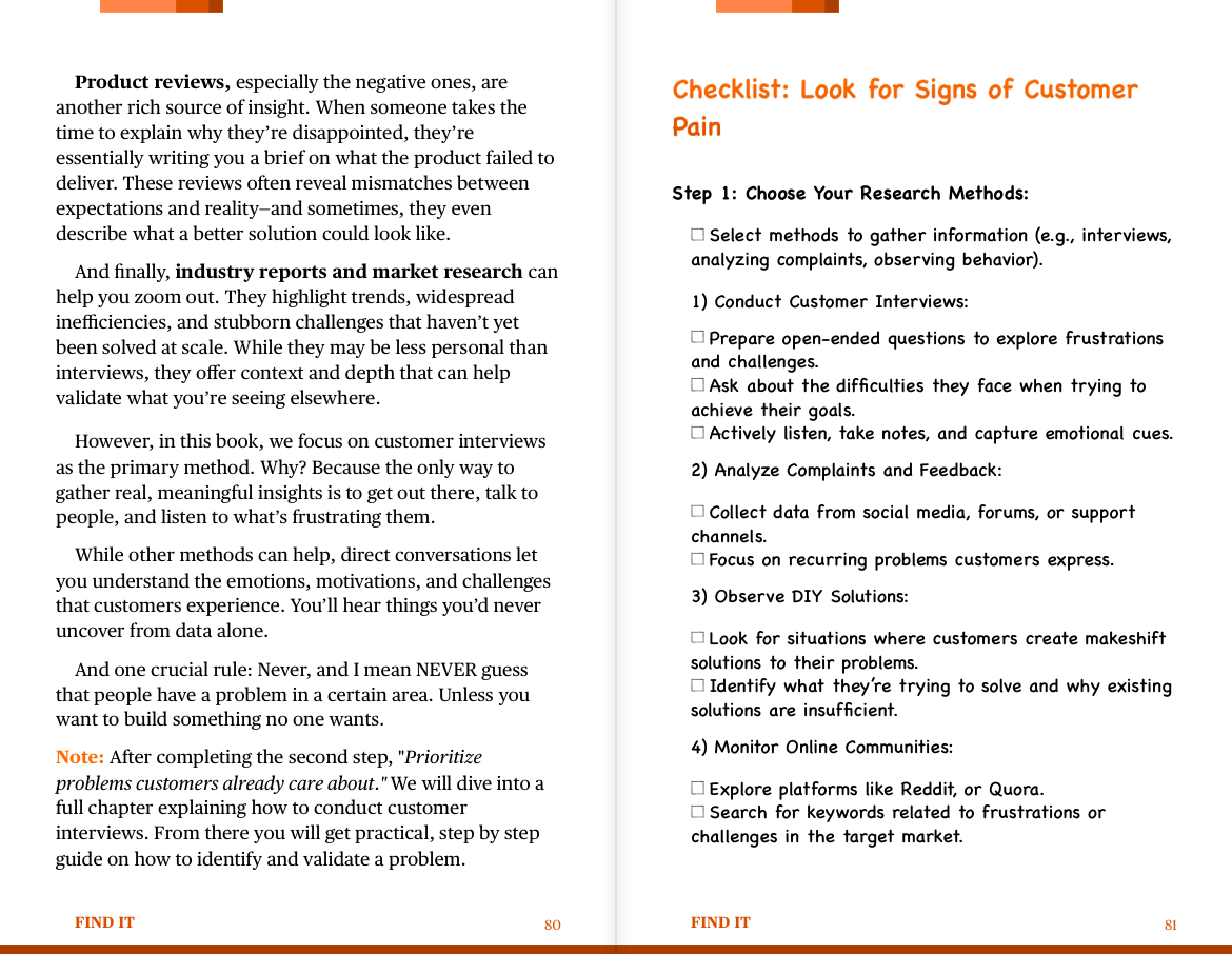 Inside page of "Find It" by Layan Faraj with a checklist on how to look for signs of customer pain.
