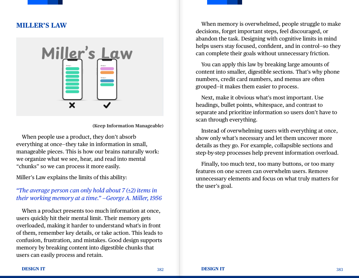 Inside page of "Design It" by Layan Faraj explaining Miller's Law and the importance of keeping information manageable.