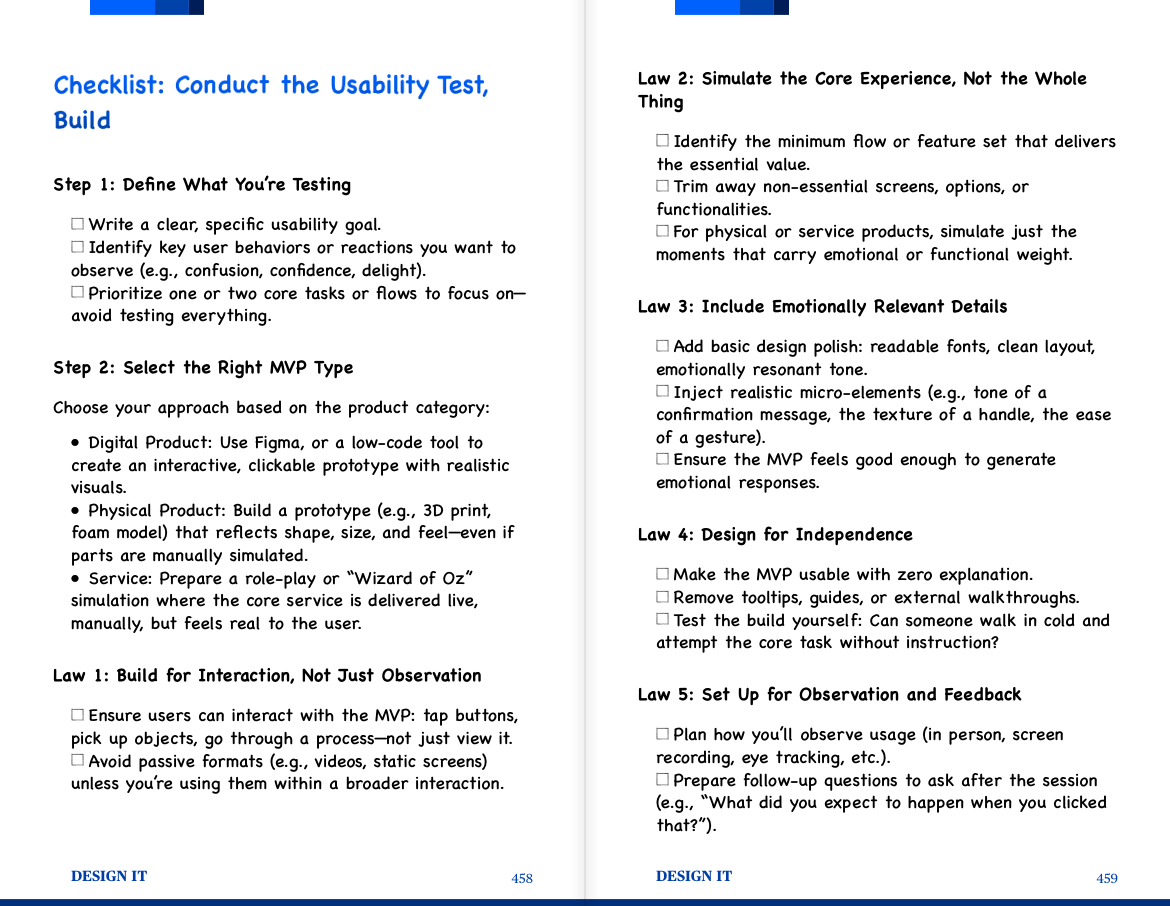 Inside page of "Design It" by Layan Faraj with a checklist for conducting usability tests and building effective MVPs.