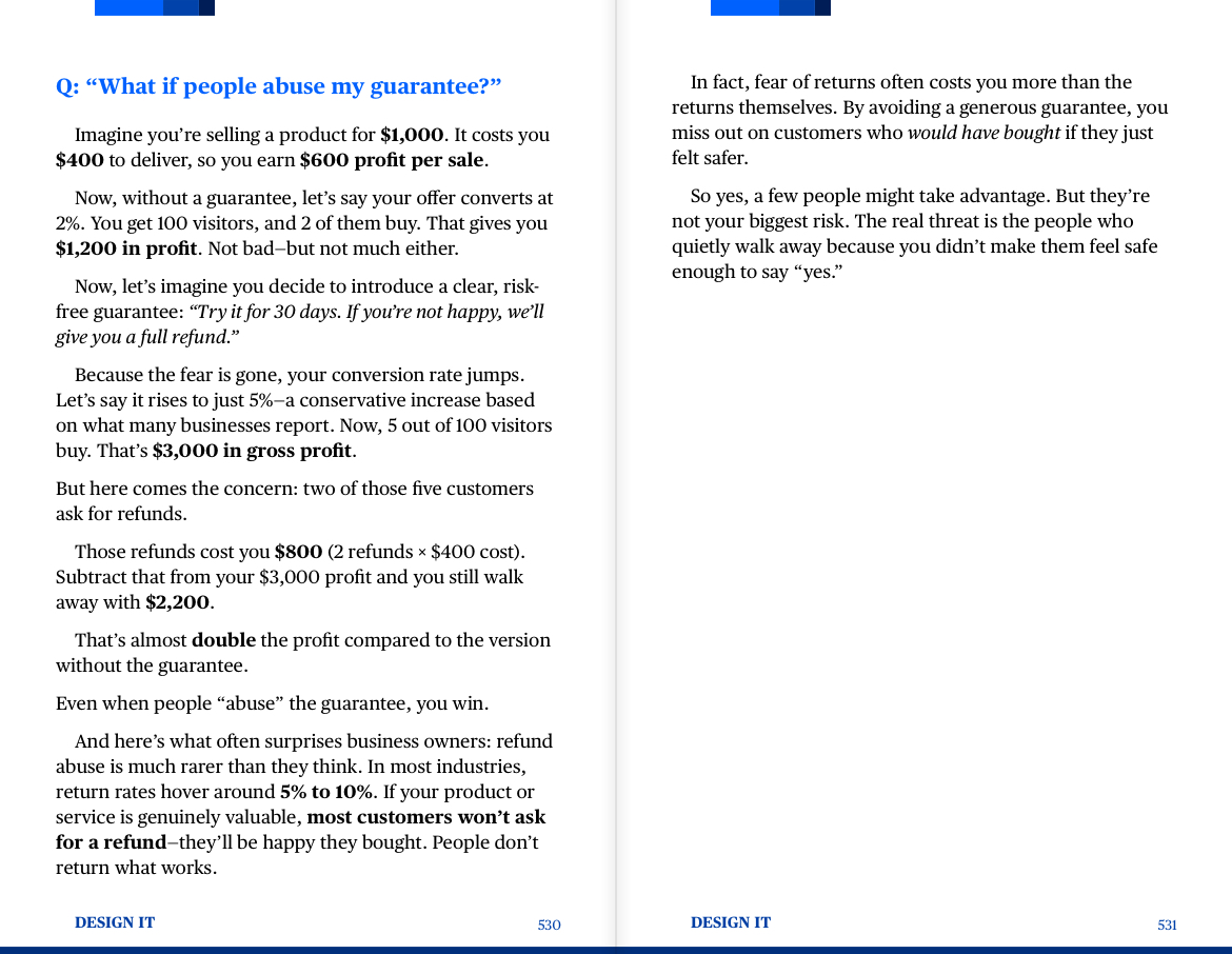 Inside page of "Design It" by Layan Faraj discussing guarantees, customer trust, and profitability.