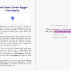 Inside page of "Design It" by Layan Faraj with the side topic Dream Bigger Than Reality and a motivational quote.