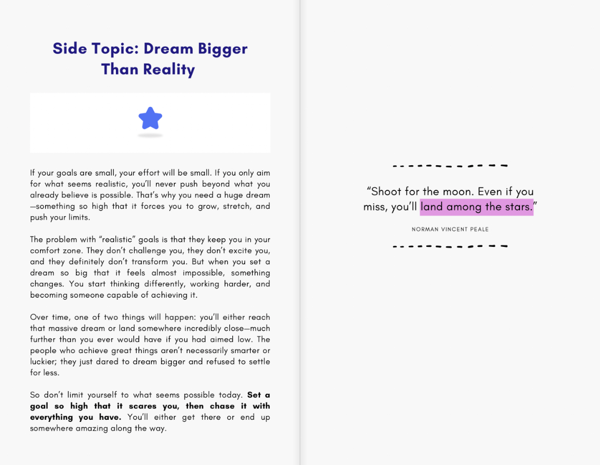 Inside page of "Design It" by Layan Faraj with the side topic Dream Bigger Than Reality and a motivational quote.