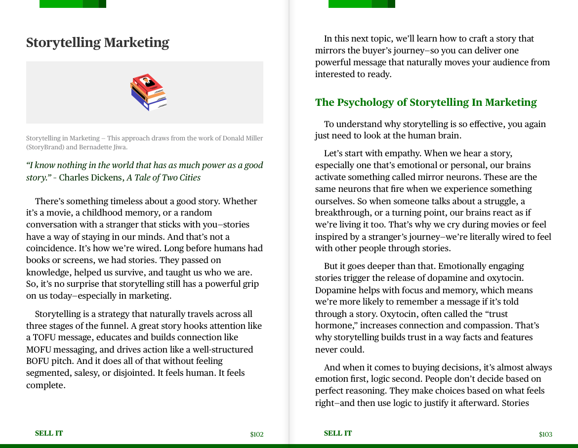 Inside page of "Sell It" by Layan Faraj explaining storytelling in marketing and its psychological impact.