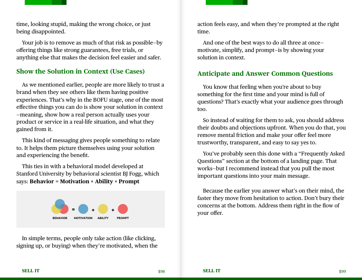 Inside page of "Sell It" by Layan Faraj showing how to present solutions in context and answer customer questions upfront.