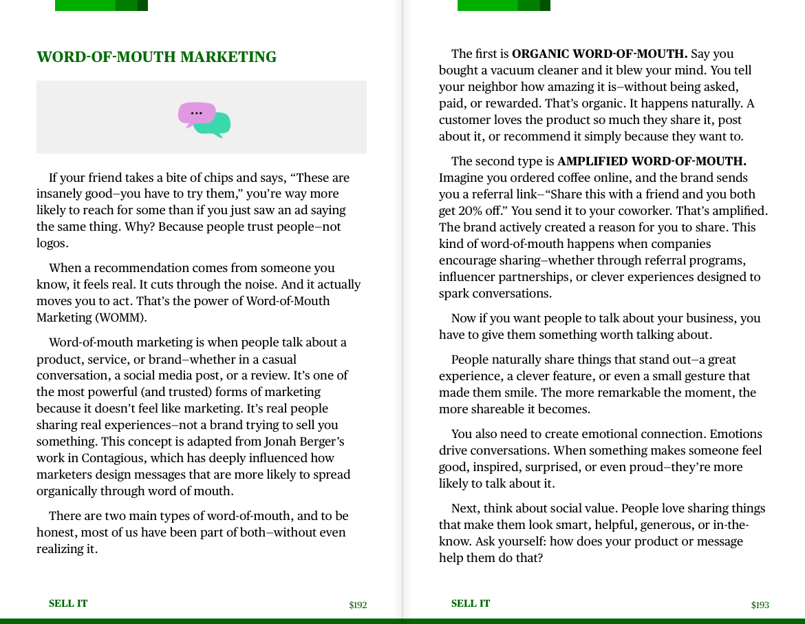 Inside page of "Sell It" by Layan Faraj explaining organic and amplified word-of-mouth marketing.