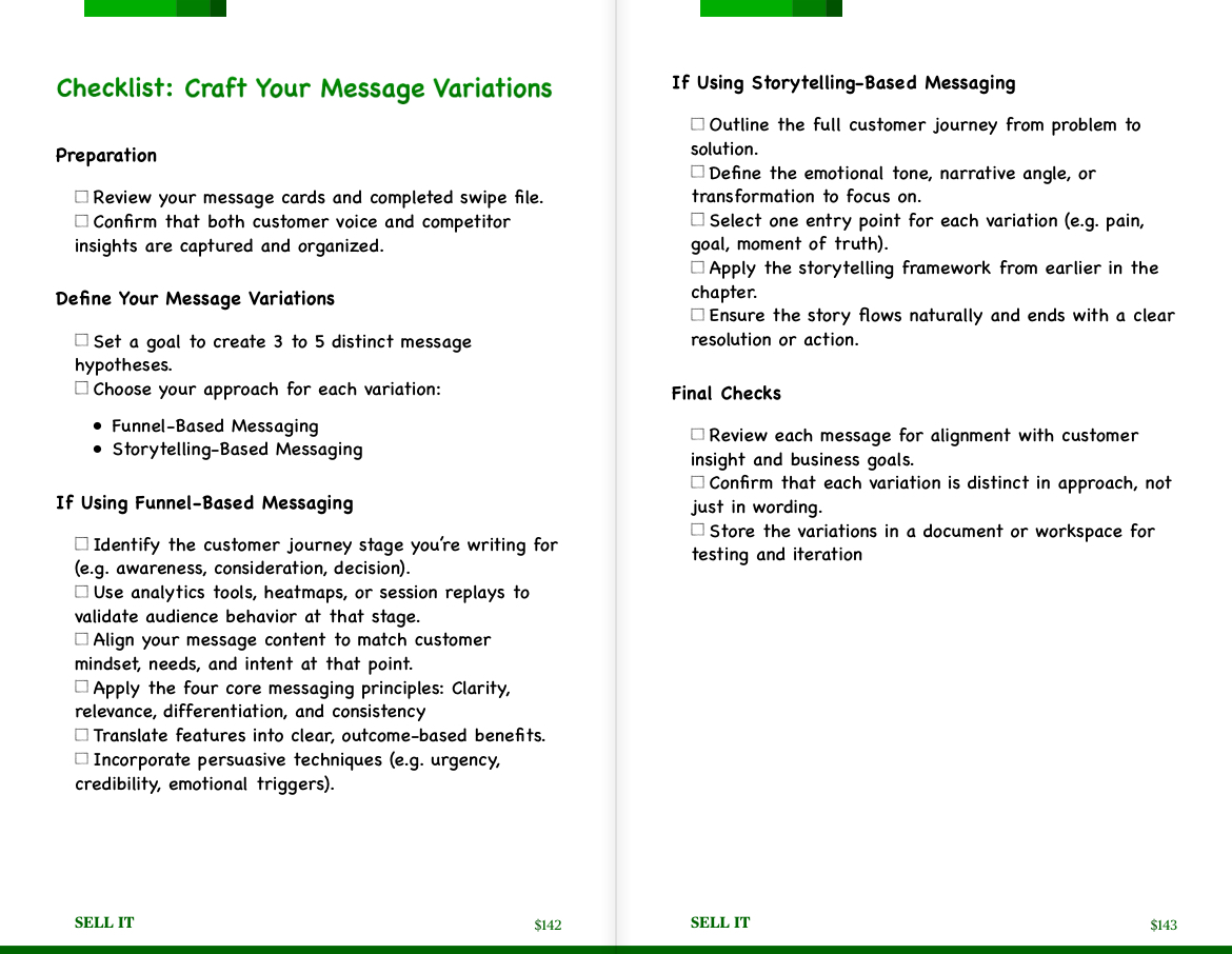 Inside page of "Sell It" by Layan Faraj with a checklist for crafting funnel-based and storytelling-based message variations.