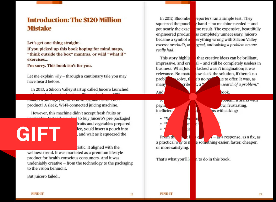 Gift-wrapped free introduction of "Find It" by Layan Faraj, showing how to uncover profitable business ideas.