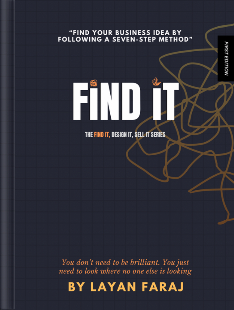 Book cover of "Find It" by Layan Faraj- a step-by-step guide to uncover problems, generate solutions, and build business ideas people will pay for.