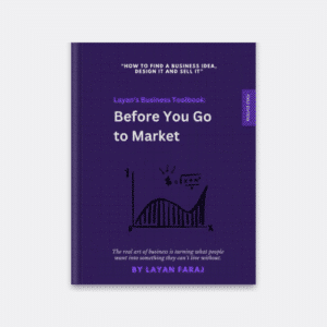 Cover the book Before You Go to Market by Layan Faraj, a business toolbook.
