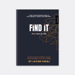 Book cover of "Find It" by Layan Faraj- a step-by-step guide to uncover problems, generate solutions, and build business ideas people will pay for.