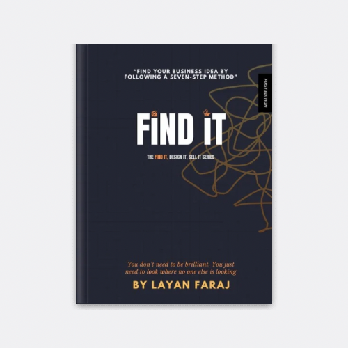 Find It - Business Idea Guide by Layan Faraj Book cover of "Find It" by Layan Faraj- a step-by-step guide to uncover problems, generate solutions, and build business ideas people will pay for.
