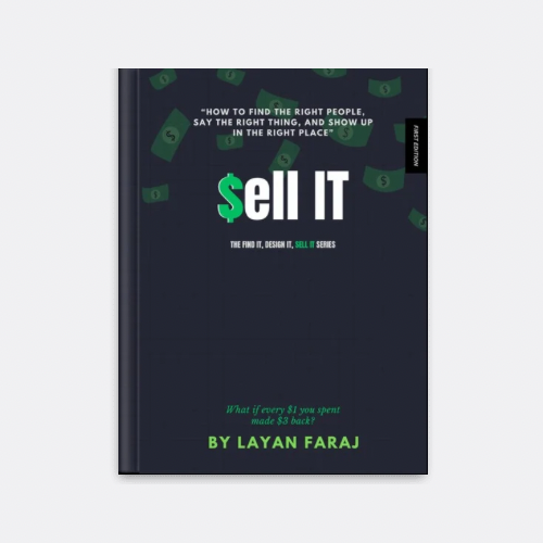 Sell It - Mastering Sales by Layan Faraj Book cover of "Sell It" by Layan Faraj - a guide to mastering sales by answering who, what, and where.